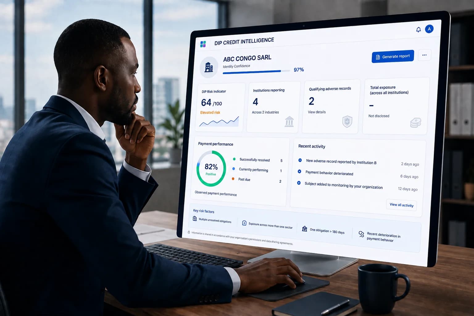 DIP Credit Intelligence, in design — a pre-credit check assembling identity, network signals and the risk indicator for a lender.